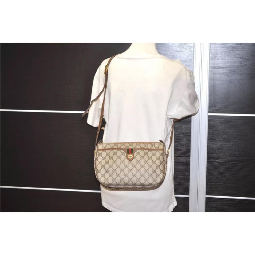 Authentic GUCCI Web Sherry Line Shoulder Cross Bag GG PVC Leather Brown 7169I - Picture 14 of 16